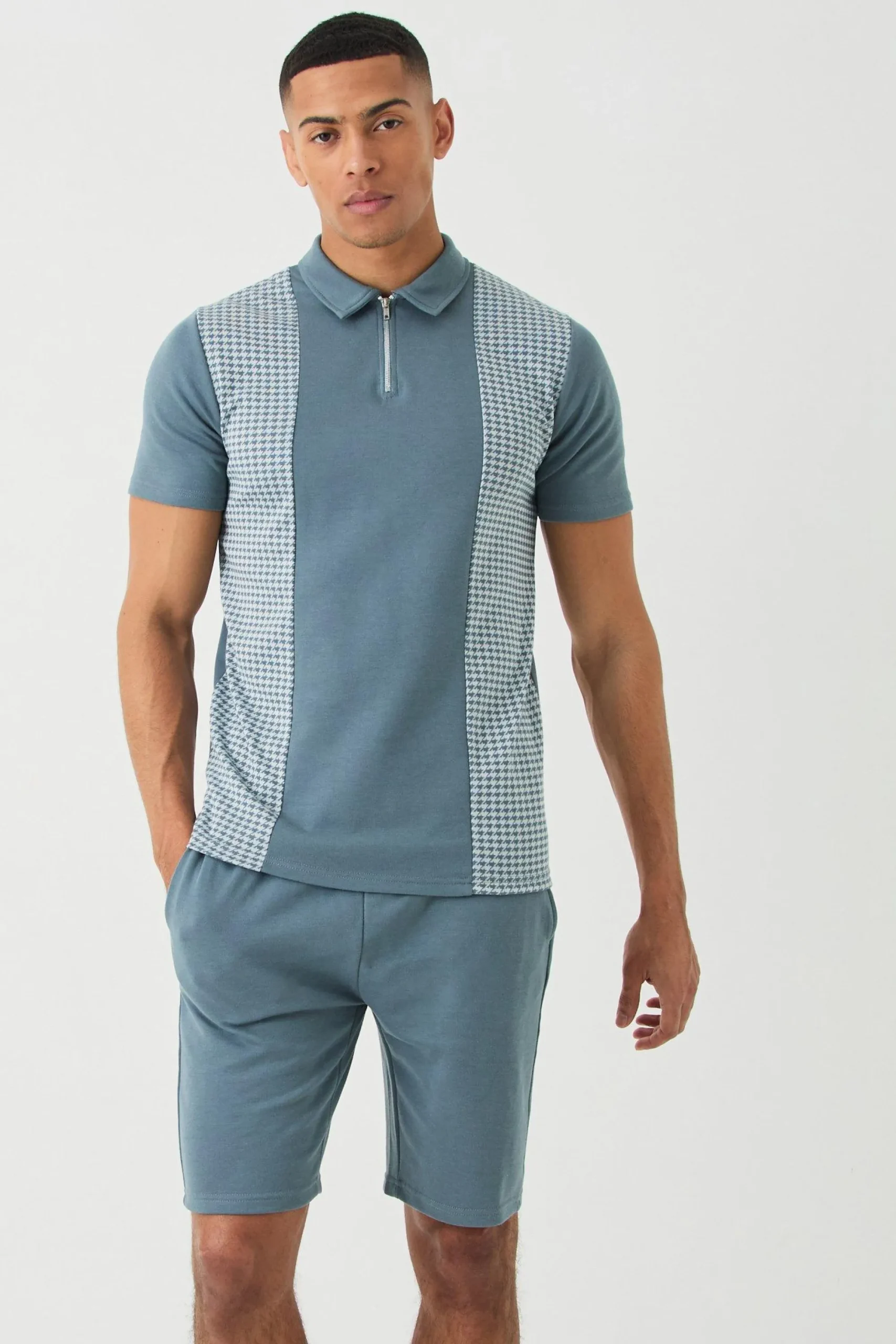 boohooMAN Dogtooth Jacquard Panel Polo & Short Set | UK| Sets & Co-Ords|Tracksuits