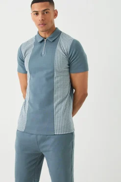 boohooMAN Dogtooth Jacquard Panel Polo & Short Set | UK| Sets & Co-Ords|Tracksuits