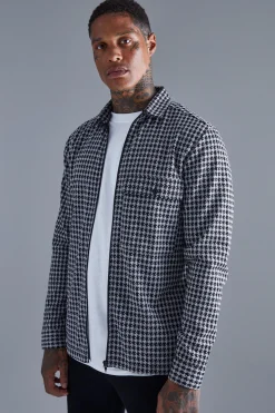 boohooMAN Dogtooth Jacquard Zip Through Overshirt | UK| Shirts