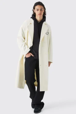 boohooMAN Double Breasted Longline Varsity Badge Overcoat | UK| Coats & Jackets