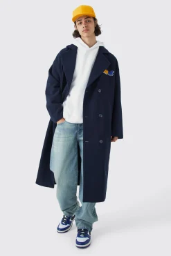 boohooMAN Double Breasted Longline Varsity Badge Overcoat | UK| Coats & Jackets