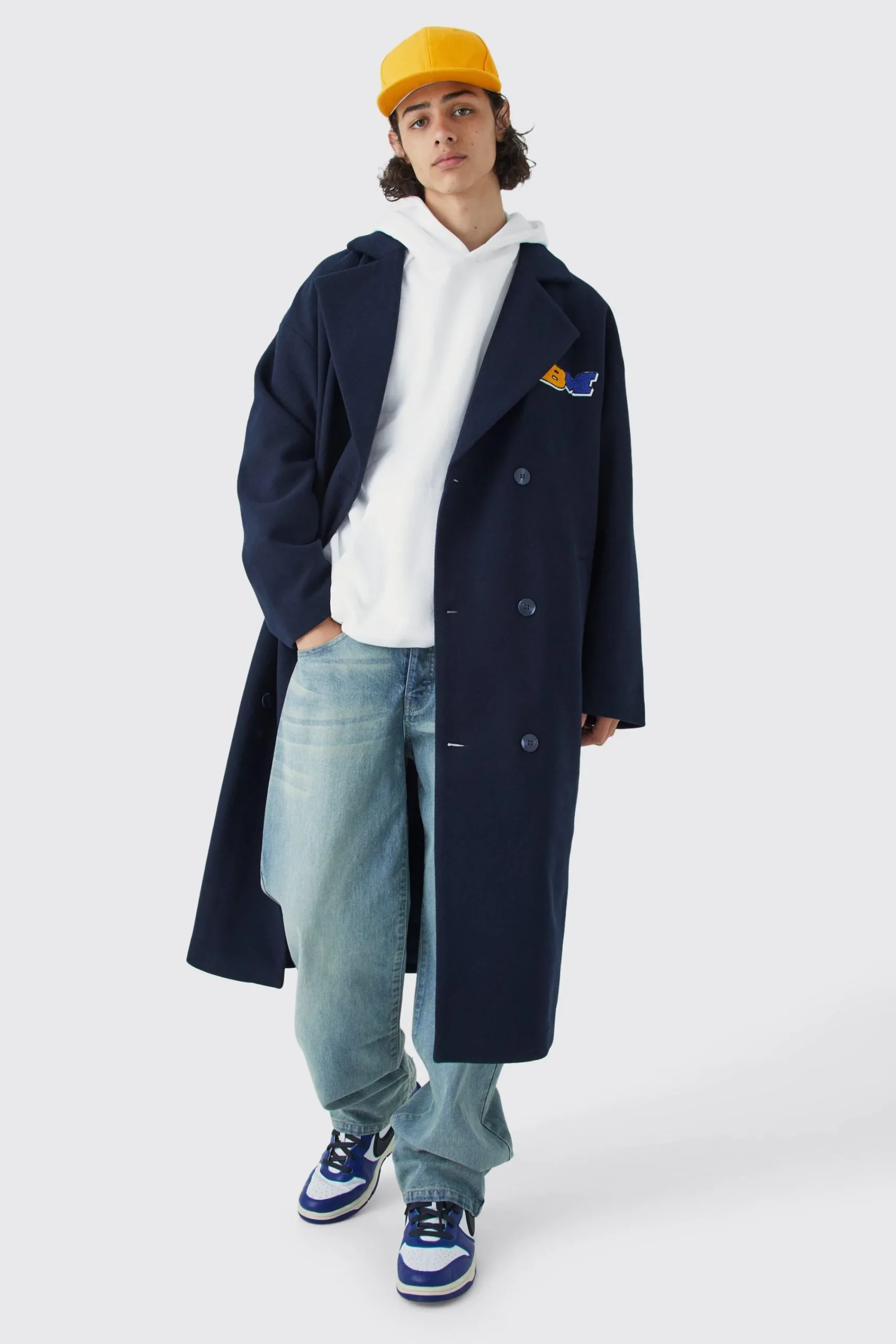 boohooMAN Double Breasted Longline Varsity Badge Overcoat | UK| Coats & Jackets