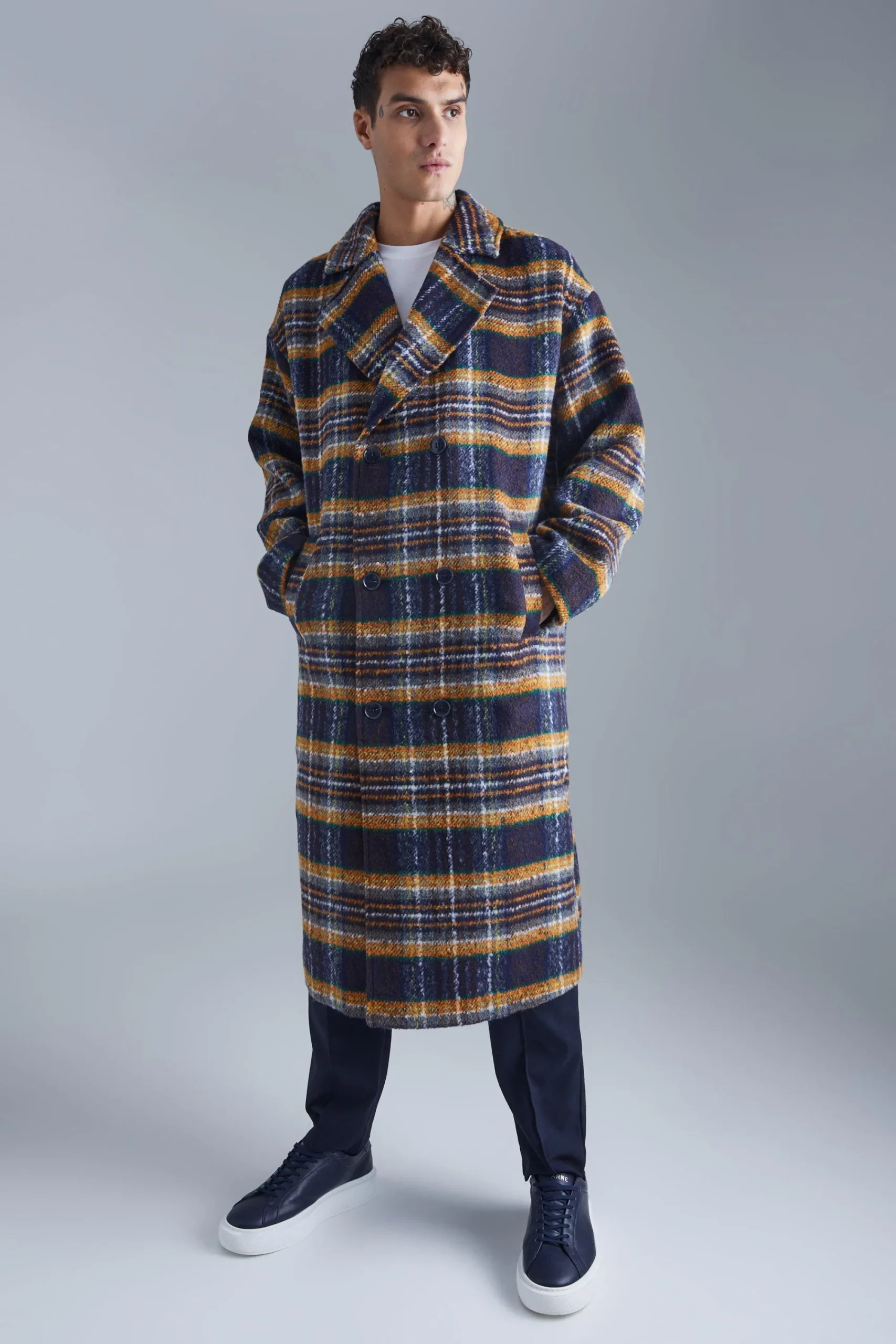boohooMAN Double Breasted Longline Brushed Check Overcoat | UK| Coats & Jackets