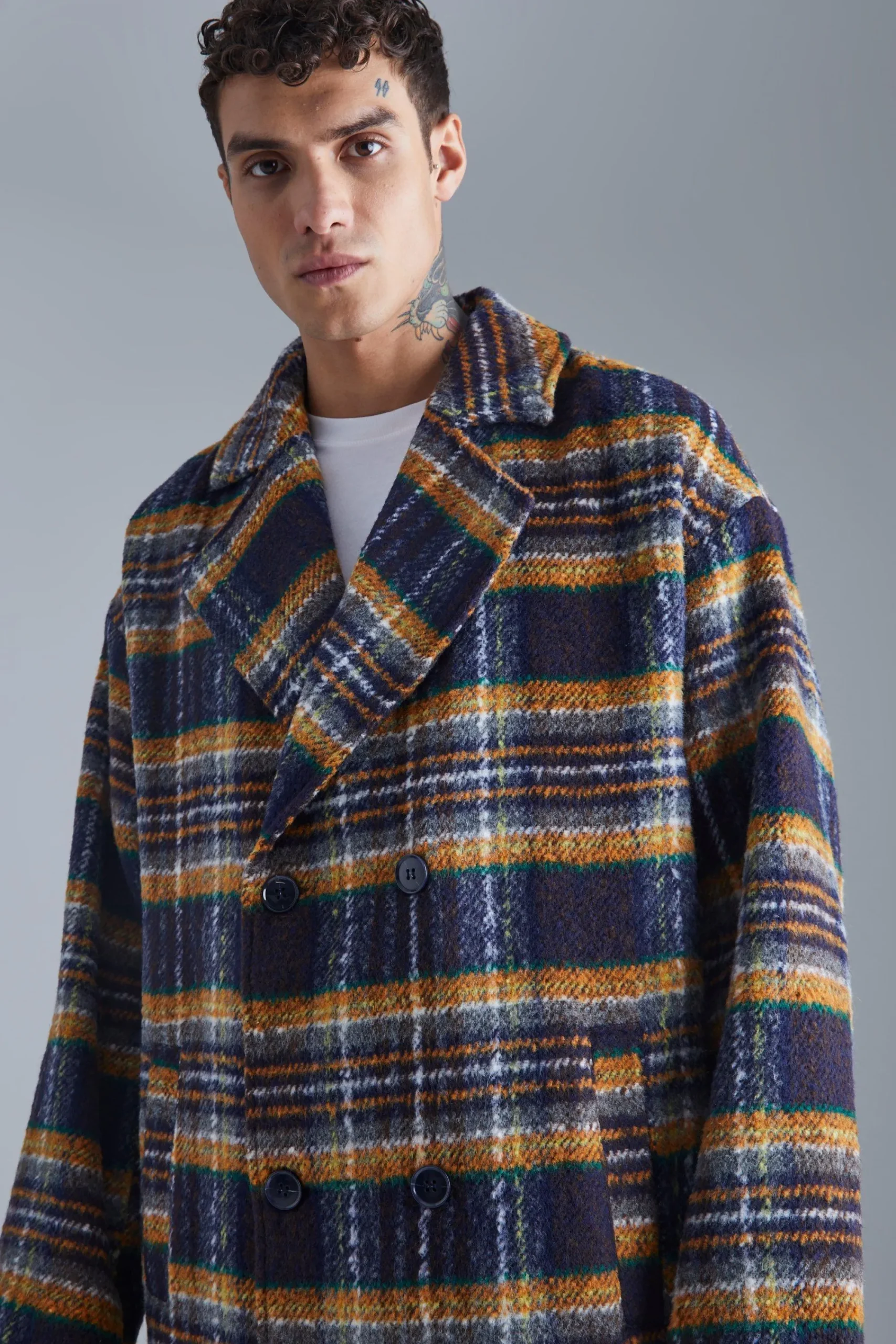boohooMAN Double Breasted Longline Brushed Check Overcoat | UK| Coats & Jackets