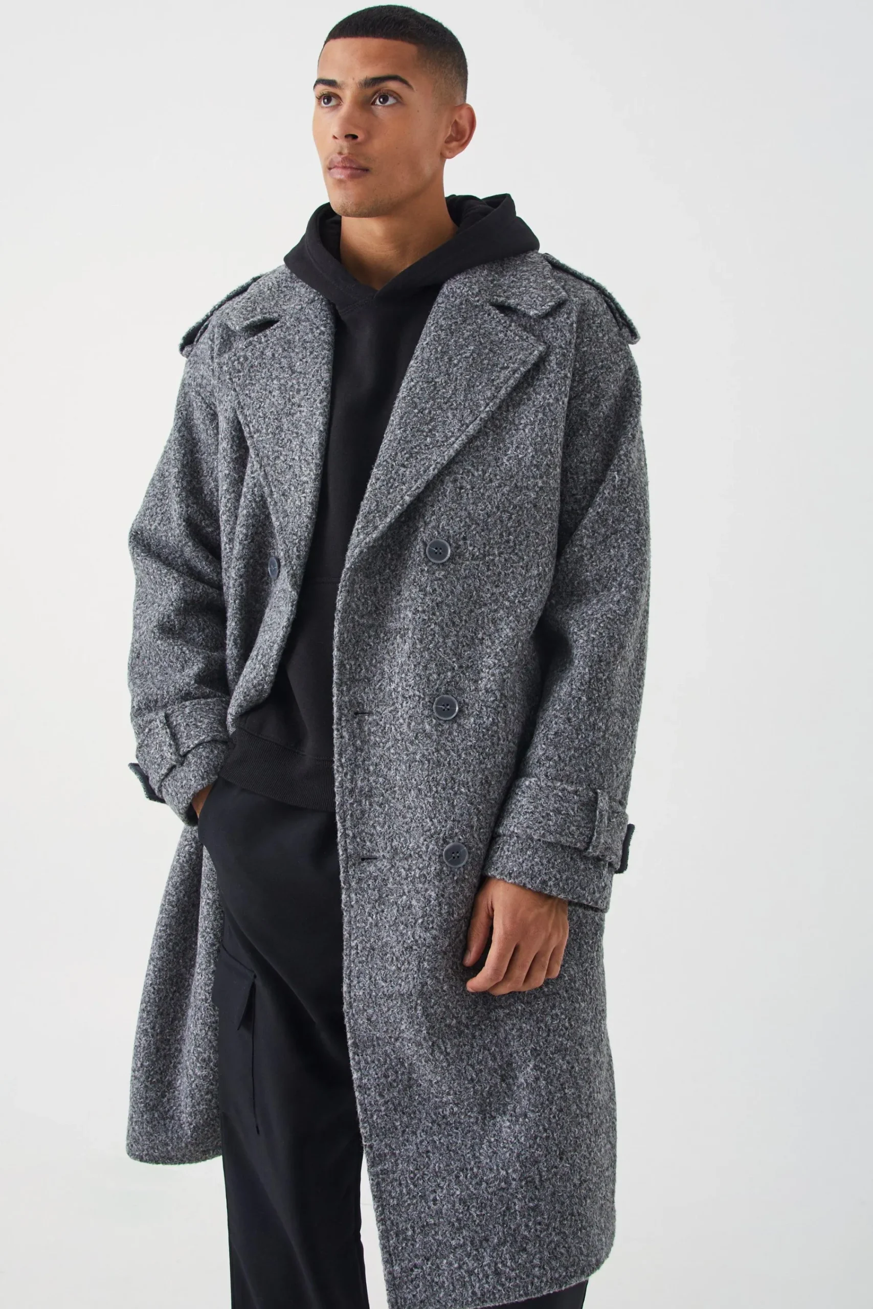 boohooMAN Double Breasted Salt & Pepper Overcoat | UK| Coats & Jackets