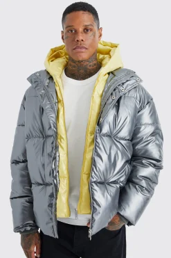 boohooMAN Double Layer Metallic Puffer With Hood | UK| Coats & Jackets