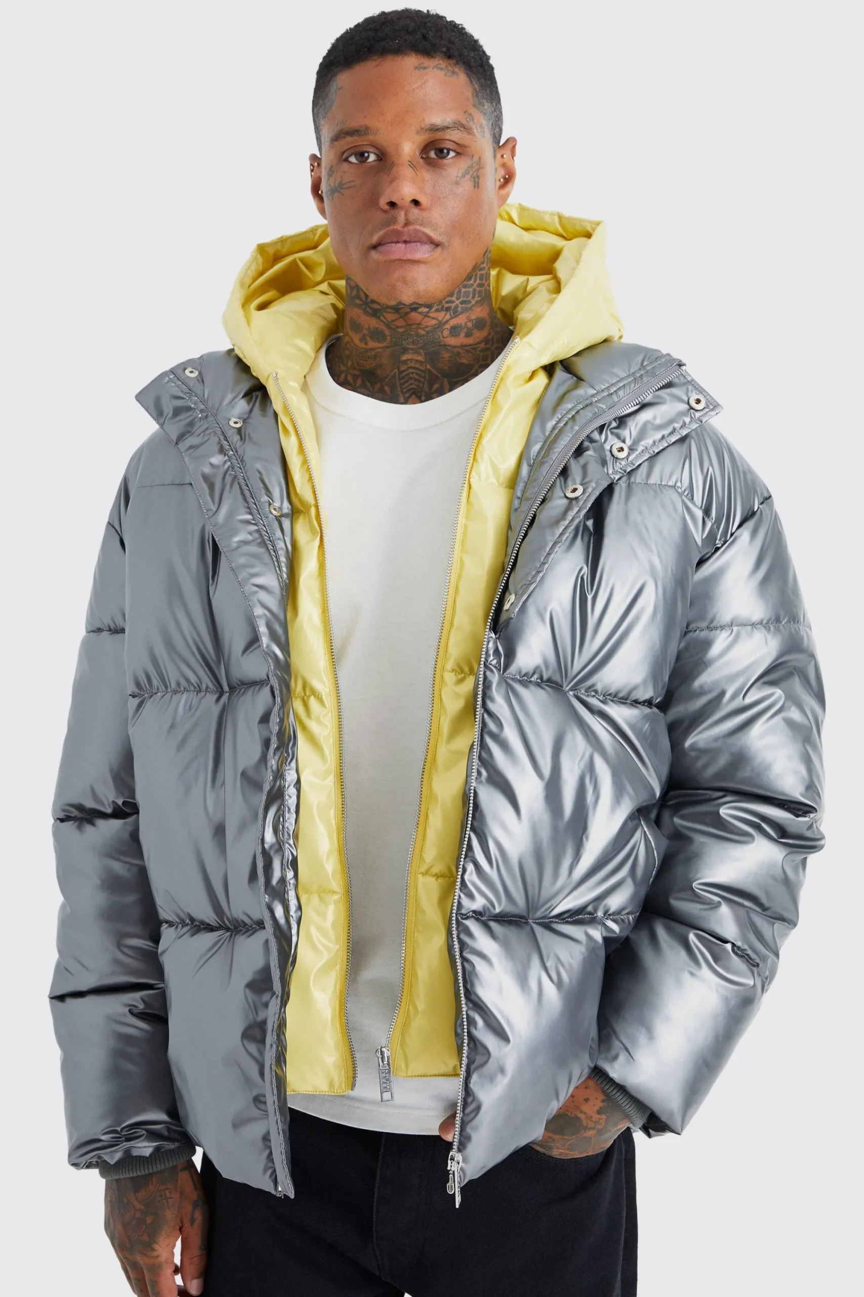 boohooMAN Double Layer Metallic Puffer With Hood | UK| Coats & Jackets