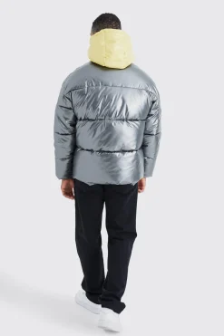 boohooMAN Double Layer Metallic Puffer With Hood | UK| Coats & Jackets