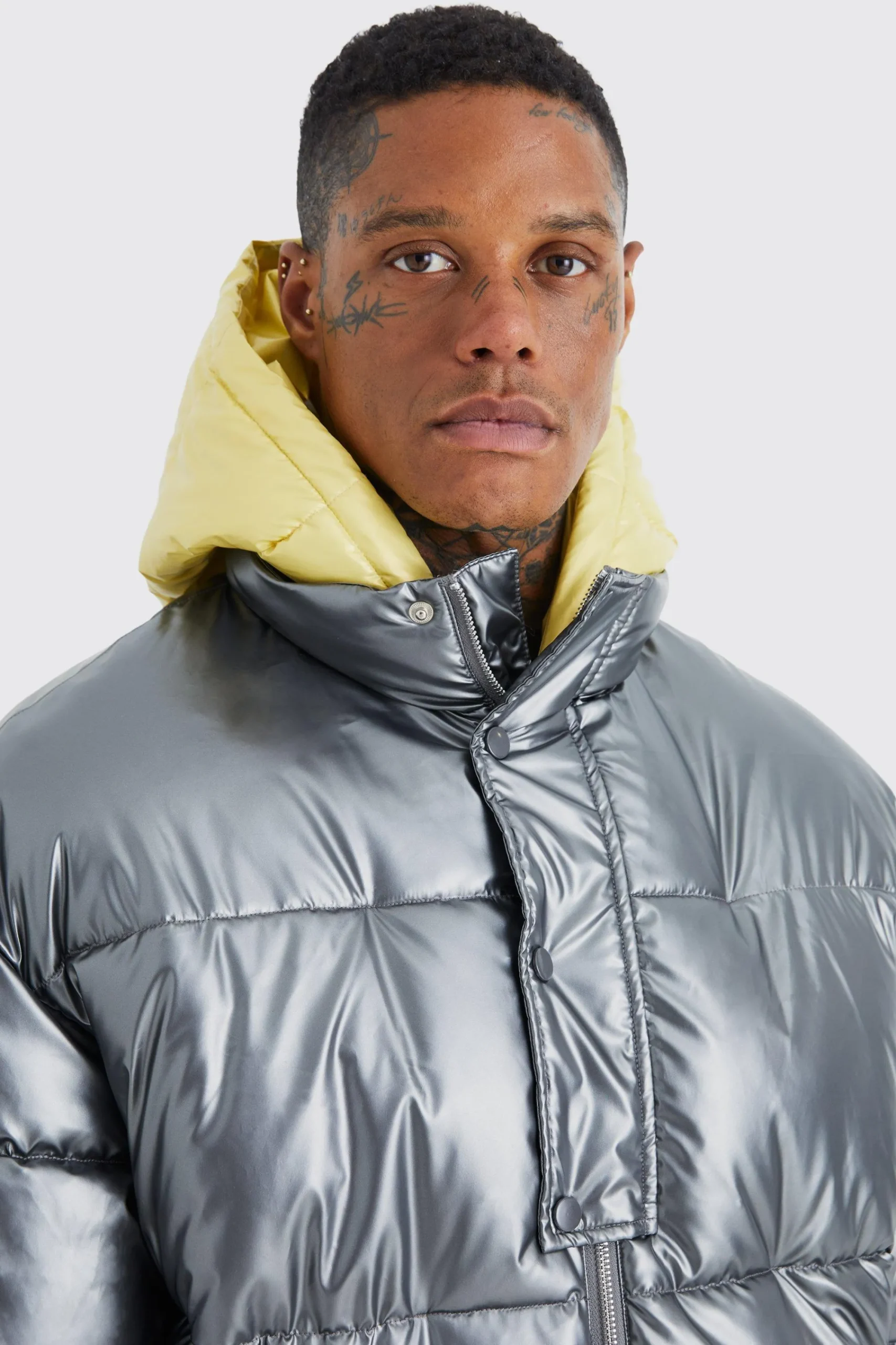 boohooMAN Double Layer Metallic Puffer With Hood | UK| Coats & Jackets