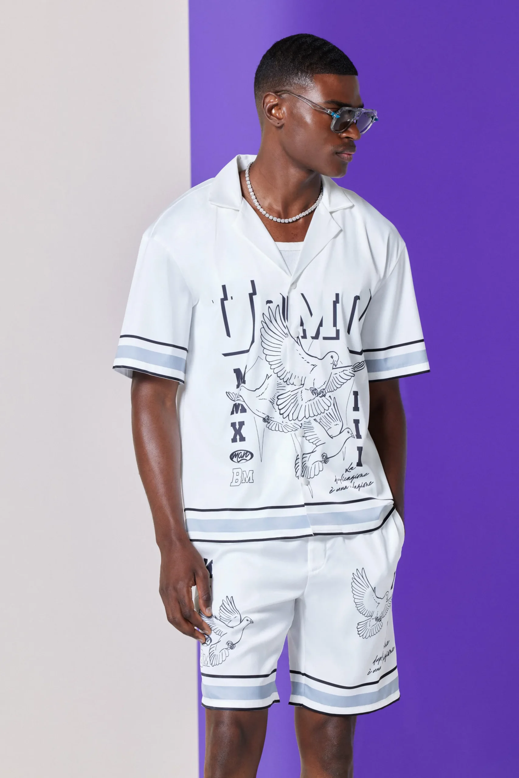 boohooMAN Drop Revere Satin Bird Graphic Shirt And Short Set In | UK| Sets & Co-Ords