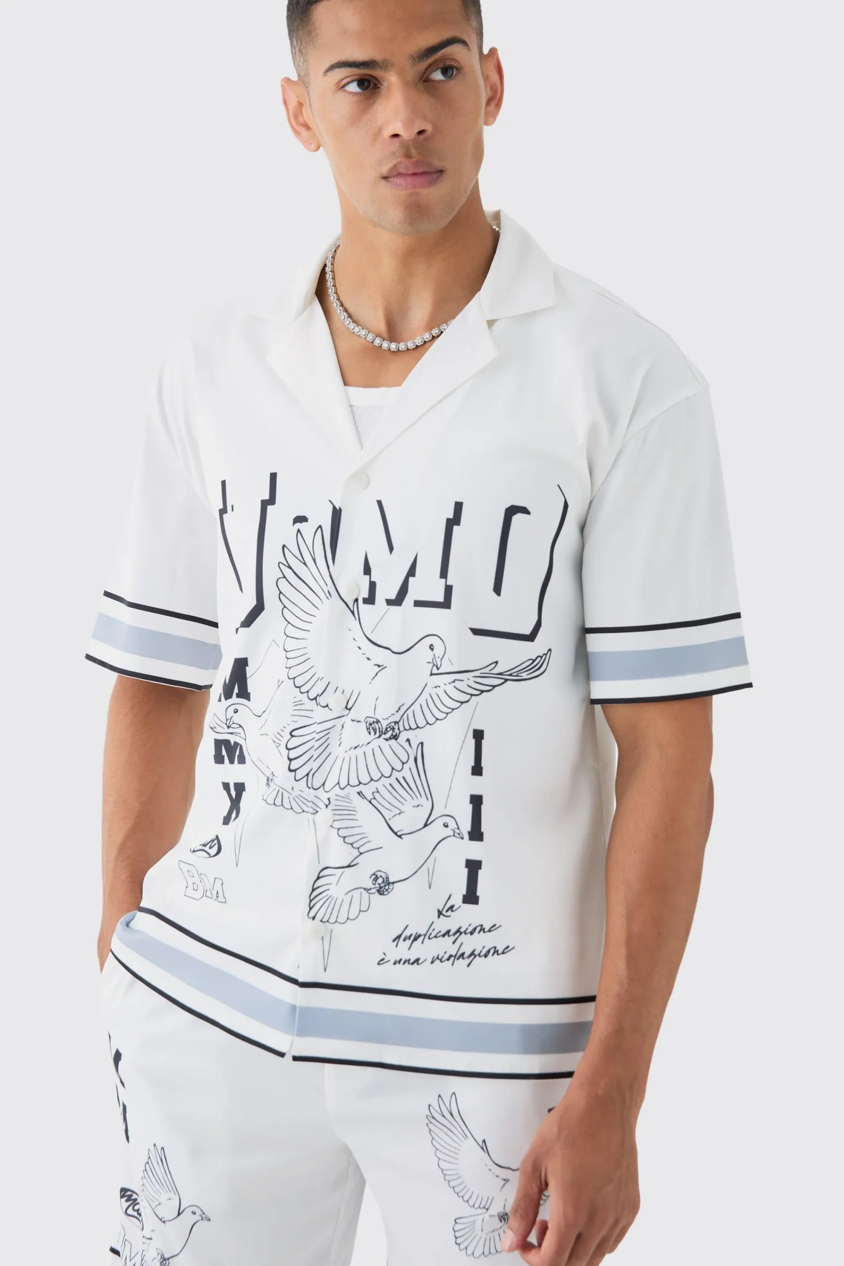 boohooMAN Drop Revere Satin Bird Graphic Shirt And Short Set In | UK| Sets & Co-Ords