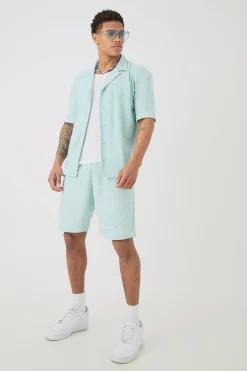 boohooMAN Drop Revere Towelling Embroidered Shirt And Short Set | UK| Sets & Co-Ords