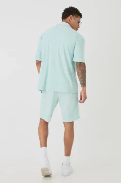 boohooMAN Drop Revere Towelling Embroidered Shirt And Short Set | UK| Sets & Co-Ords