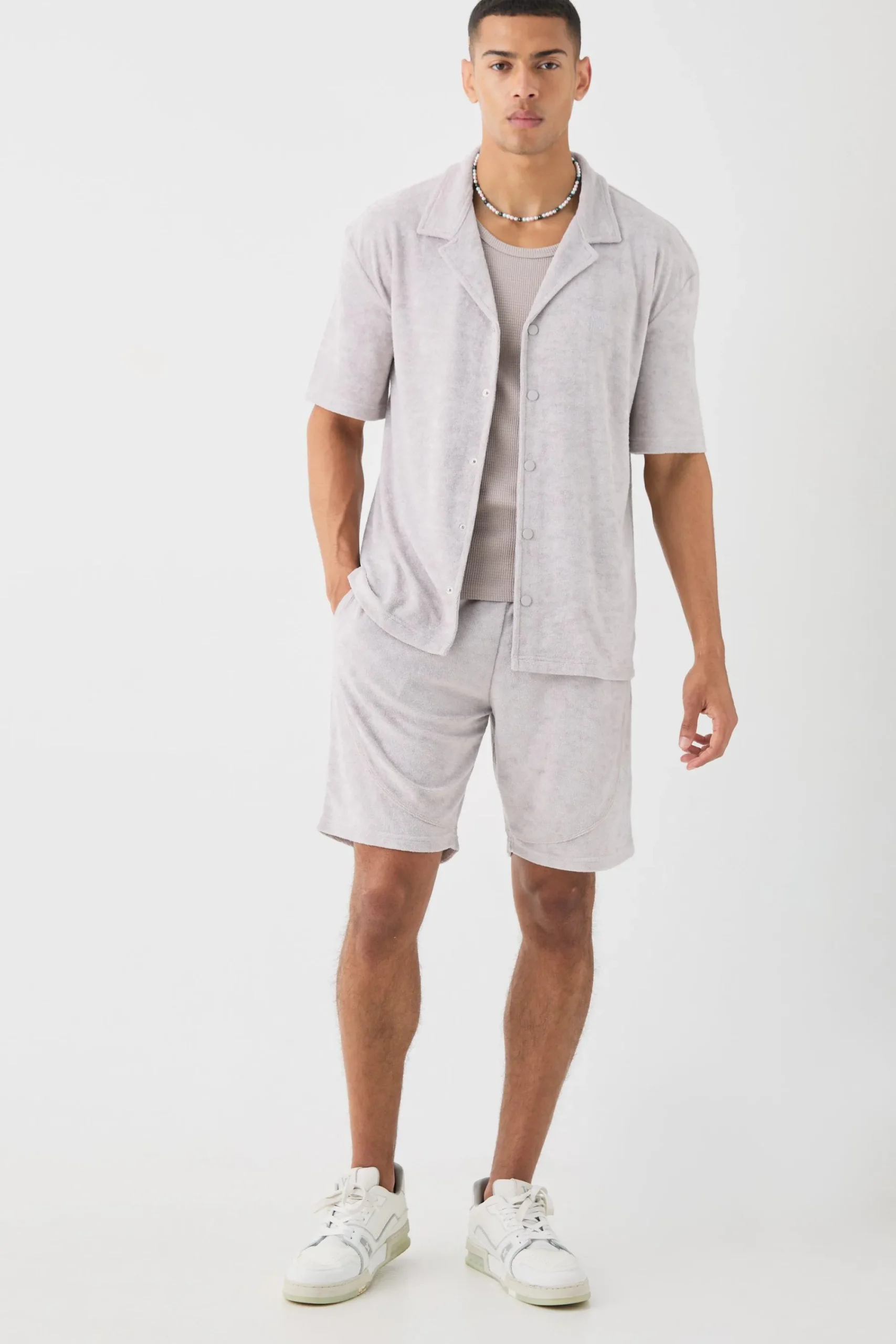 boohooMAN Drop Revere Towelling Shirt And Short Set | UK| Sets & Co-Ords