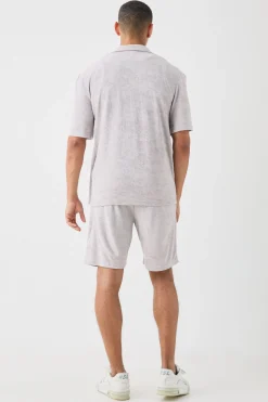 boohooMAN Drop Revere Towelling Shirt And Short Set | UK| Sets & Co-Ords
