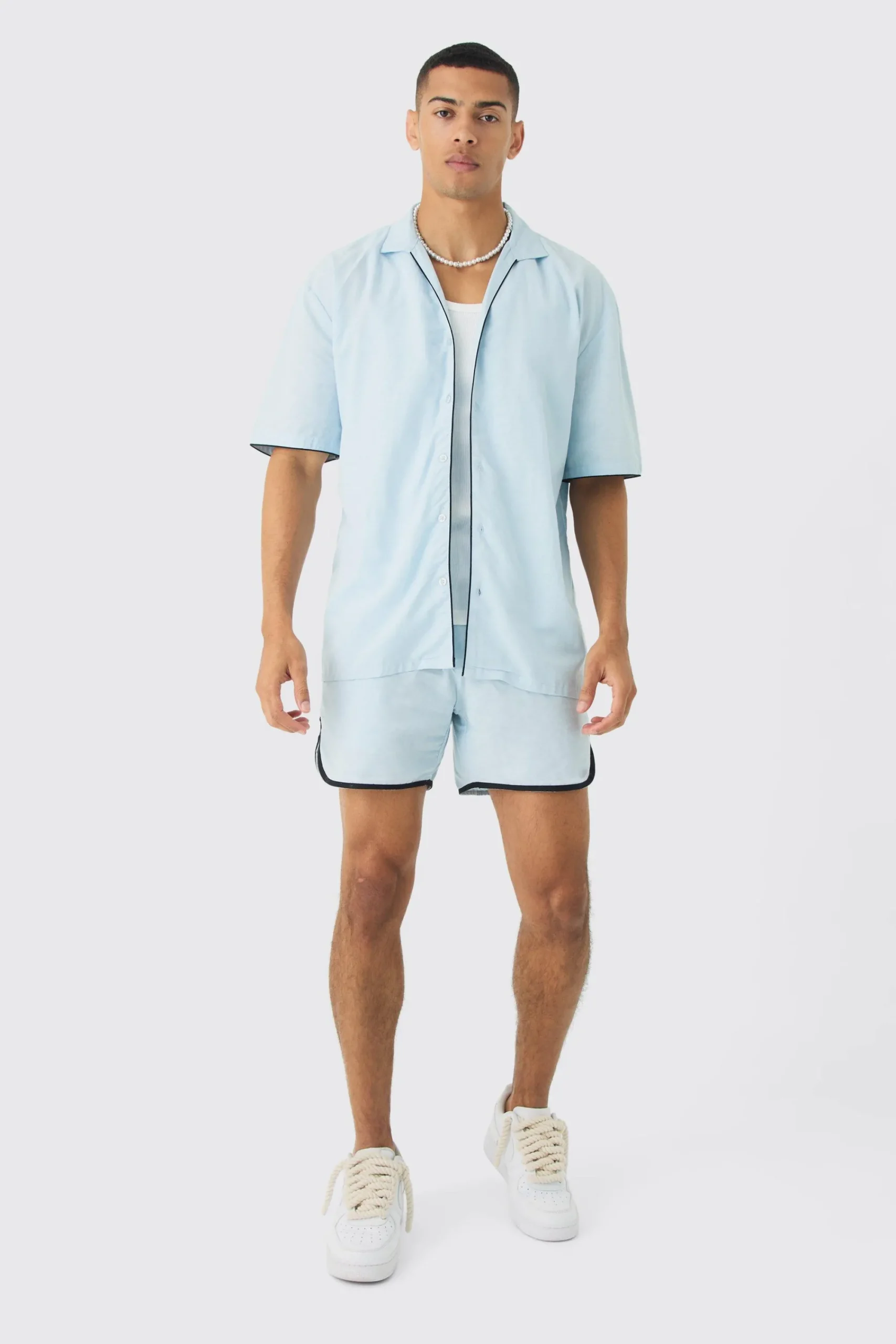 boohooMAN Dropped Revere Linen Piped Shirt & Smart Short Set | UK| Sets & Co-Ords