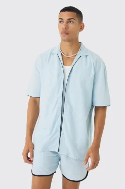 boohooMAN Dropped Revere Linen Piped Shirt & Smart Short Set | UK| Sets & Co-Ords