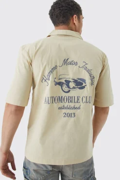 boohooMAN Dropped Revere Poplin Automobile Club Shirt | UK| Shirts