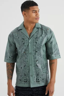 boohooMAN Dropped Revere Pu Printed Bandana Shirt | UK| Shirts