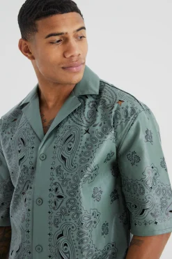 boohooMAN Dropped Revere Pu Printed Bandana Shirt | UK| Shirts
