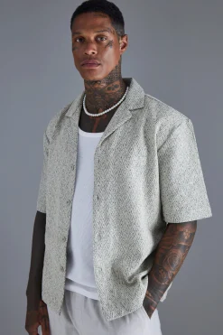 boohooMAN Dropped Revere Textured Herringbone Shirt | UK| Shirts