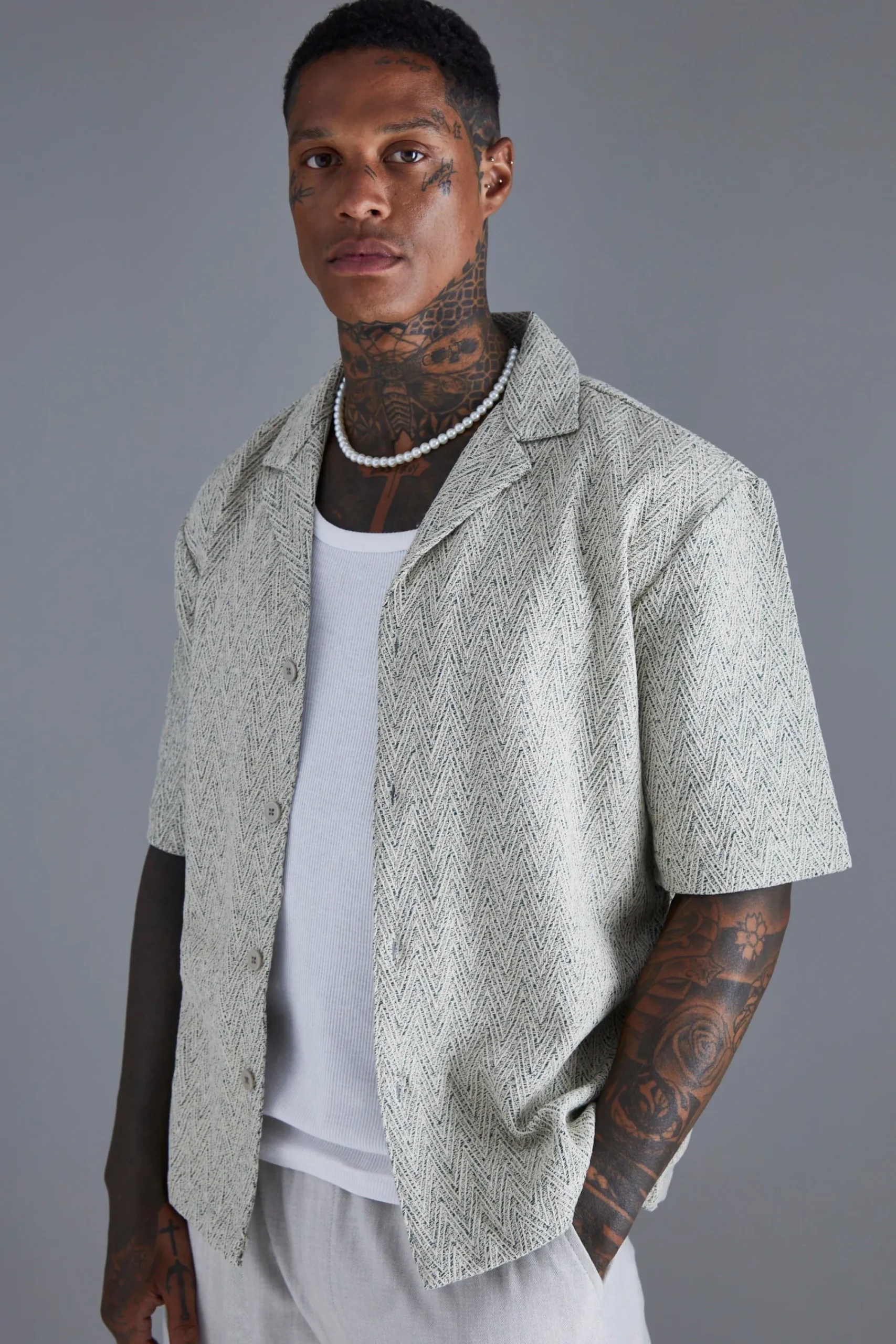 boohooMAN Dropped Revere Textured Herringbone Shirt | UK| Shirts