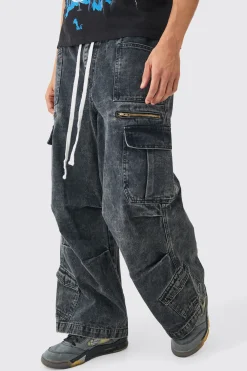 boohooMAN Elastic Waist Acid Wash Parachute Cargo Jeans In | UK| Trousers|Jeans