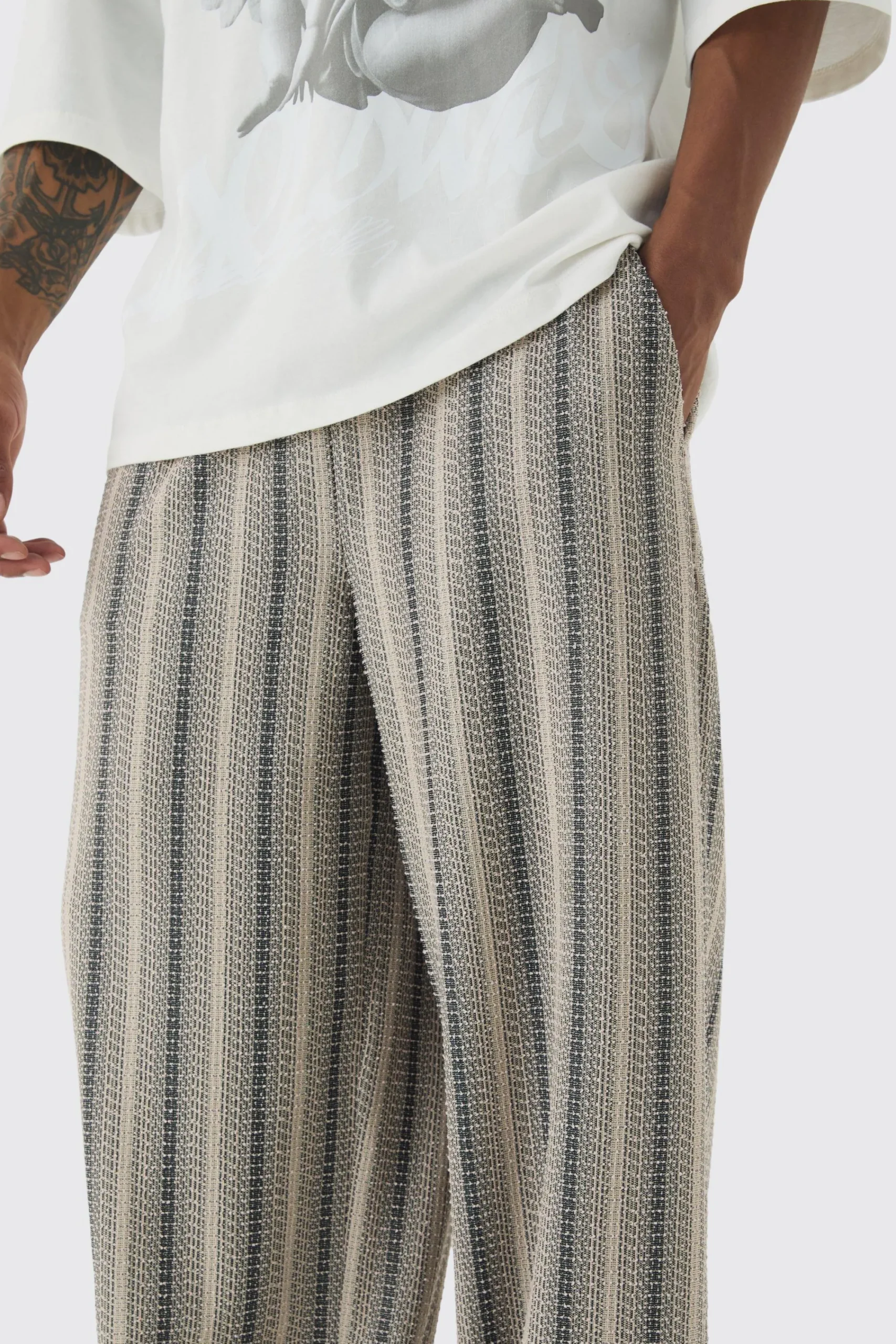 boohooMAN Elasticated Waist Baggy Boucle Trousers | UK| Trousers