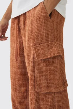 boohooMAN Elasticated Waist Baggy Boucle Cargo Pocket Trousers | UK| Trousers
