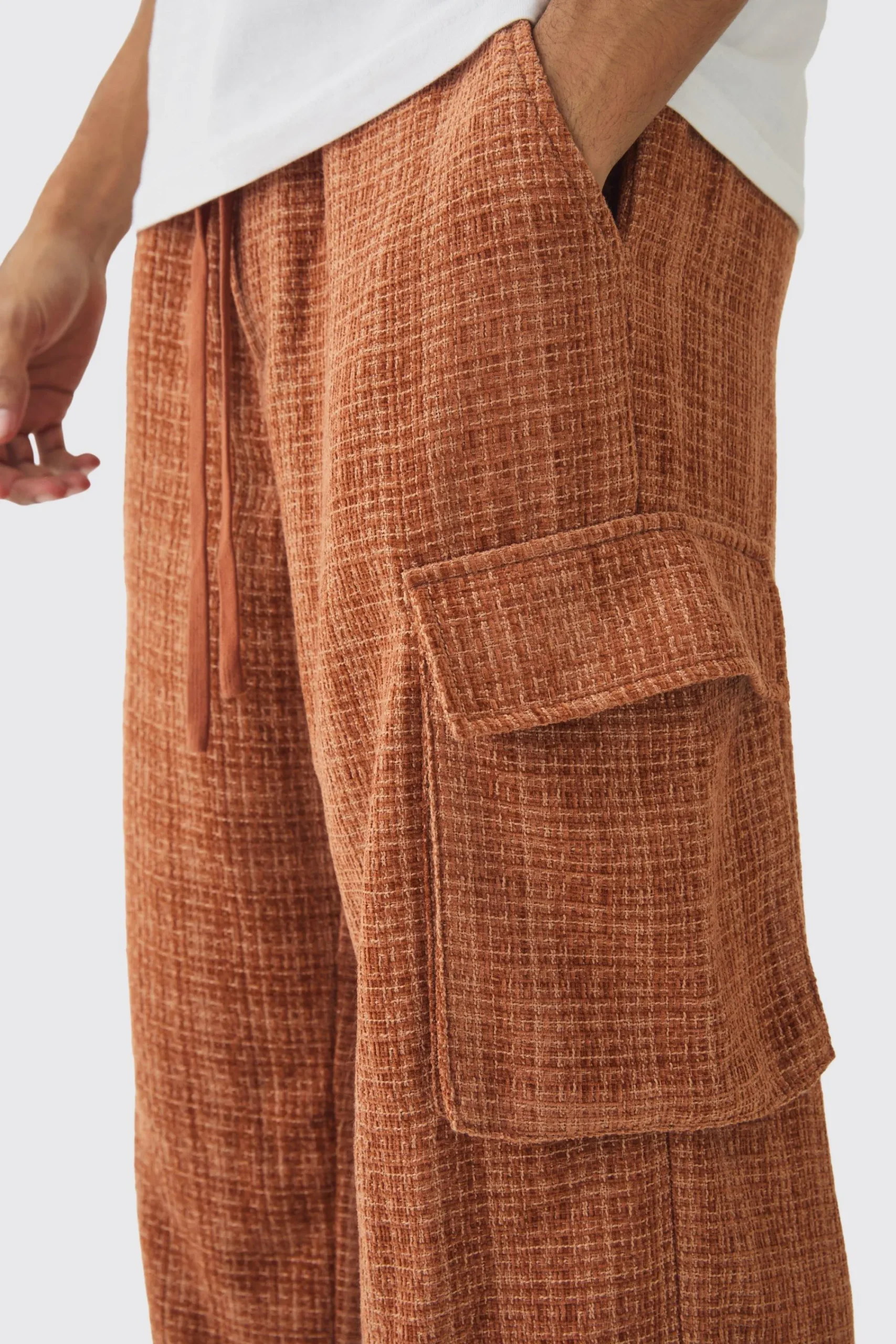 boohooMAN Elasticated Waist Baggy Boucle Cargo Pocket Trousers | UK| Trousers