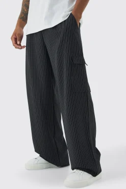 boohooMAN Elasticated Waist Baggy Pinstripe Cargo Trousers | UK| Trousers|Cargos