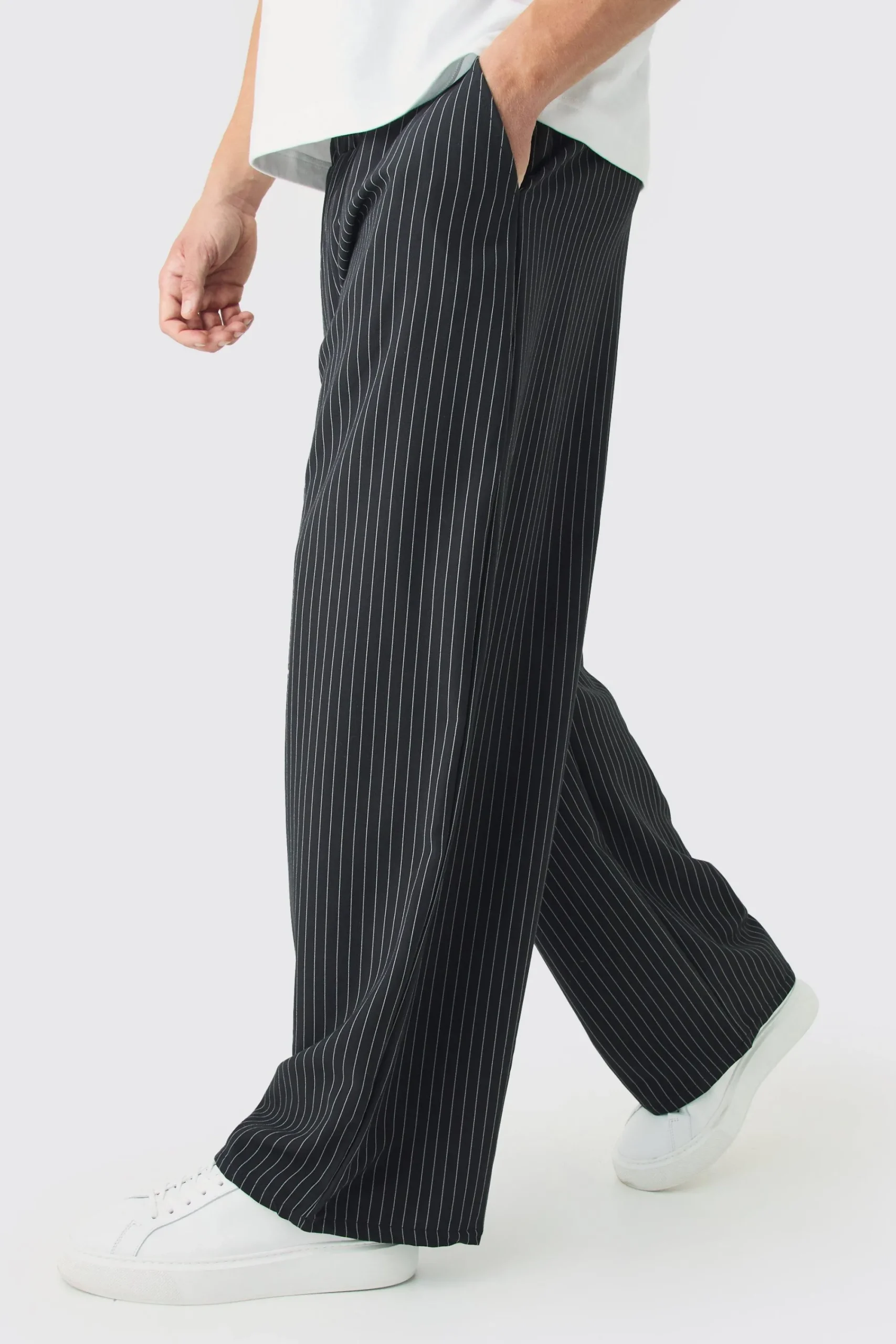boohooMAN Elasticated Waist Baggy Pinstripe Trousers | UK| Trousers