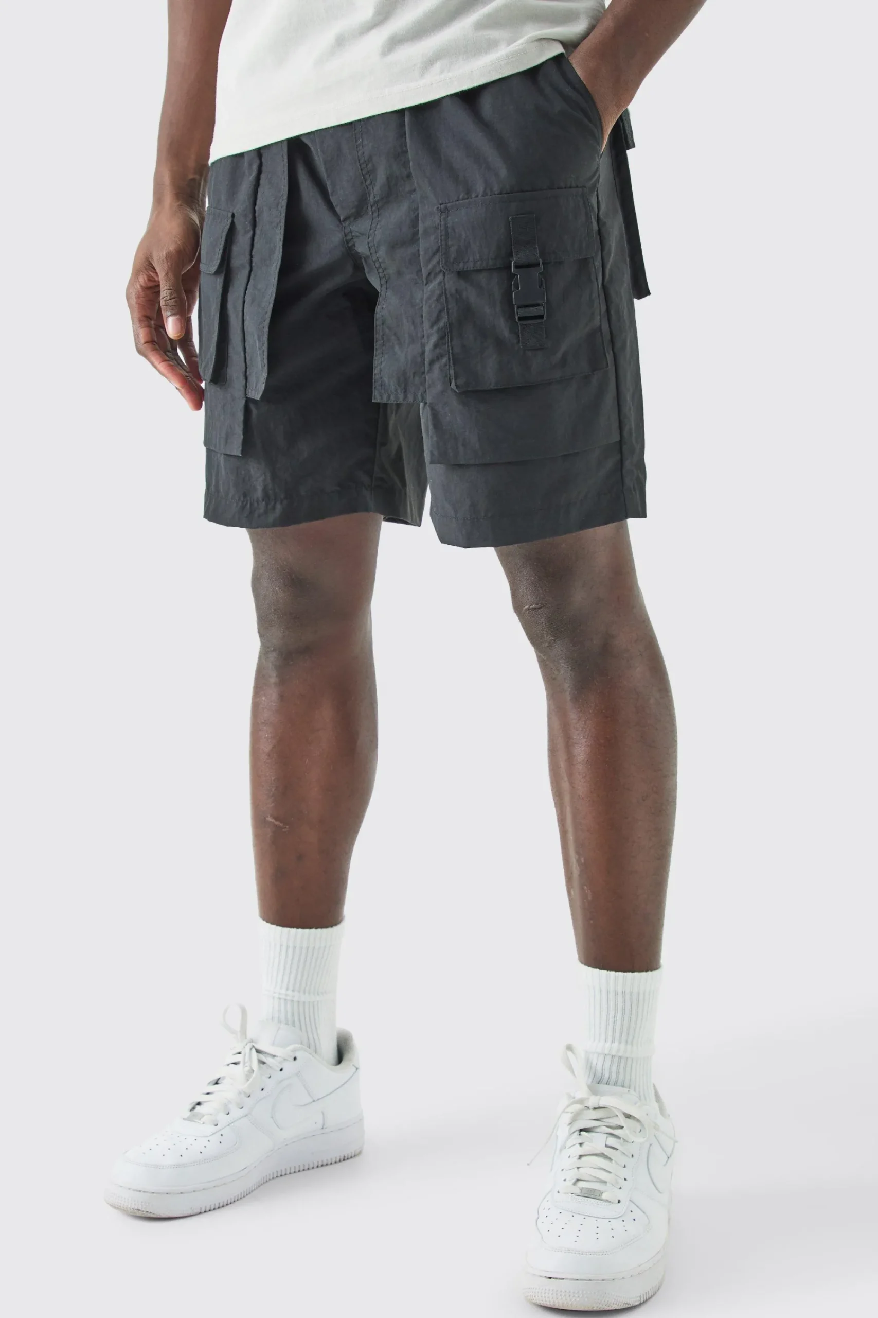 boohooMAN Elasticated Waist Crinkle Nylon Buckle Cargo Short | UK| Shorts