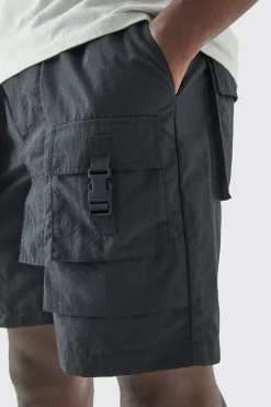 boohooMAN Elasticated Waist Crinkle Nylon Buckle Cargo Short | UK| Shorts