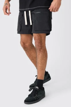 boohooMAN Elasticated Waist Crinkle Nylon Zip Cargo Short | UK| Shorts