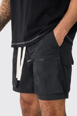 boohooMAN Elasticated Waist Crinkle Nylon Zip Cargo Short | UK| Shorts