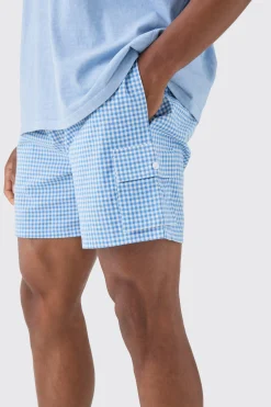 boohooMAN Elasticated Waist Gingham Check Linen Look Relaxed Short In | UK| Shorts