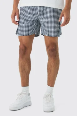 boohooMAN Elasticated Waist Gingham Check Linen Look Short In | UK| Shorts