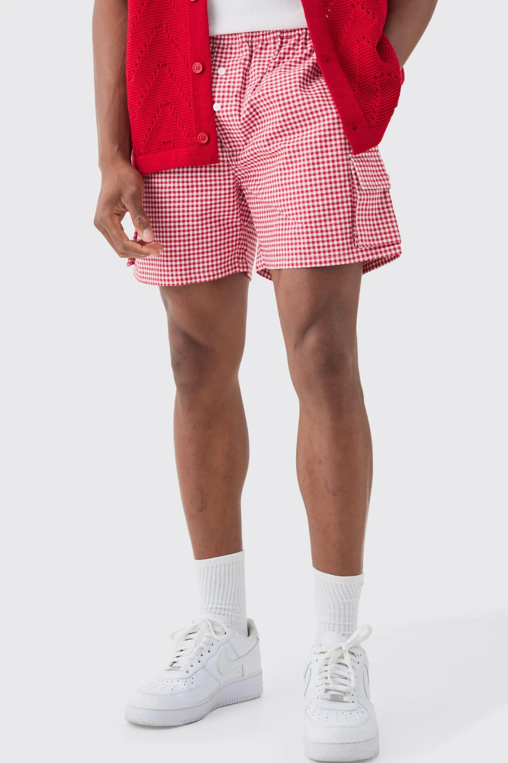 boohooMAN Elasticated Waist Gingham Check Linen Look Relaxed Short In | UK| Shorts