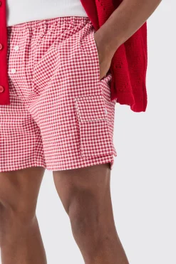 boohooMAN Elasticated Waist Gingham Check Linen Look Relaxed Short In | UK| Shorts