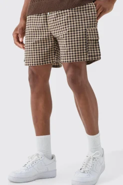 boohooMAN Elasticated Waist Gingham Check Linen Look Relaxed Short In | UK| Shorts
