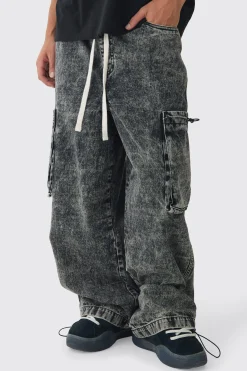 boohooMAN Elasticated Waist Parachute Acid Wash Cargo Jeans | UK| Trousers|Jeans