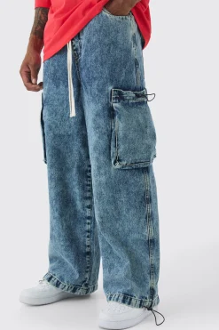 boohooMAN Elasticated Waist Parachute Acid Wash Cargo Jeans | UK| Trousers|Jeans