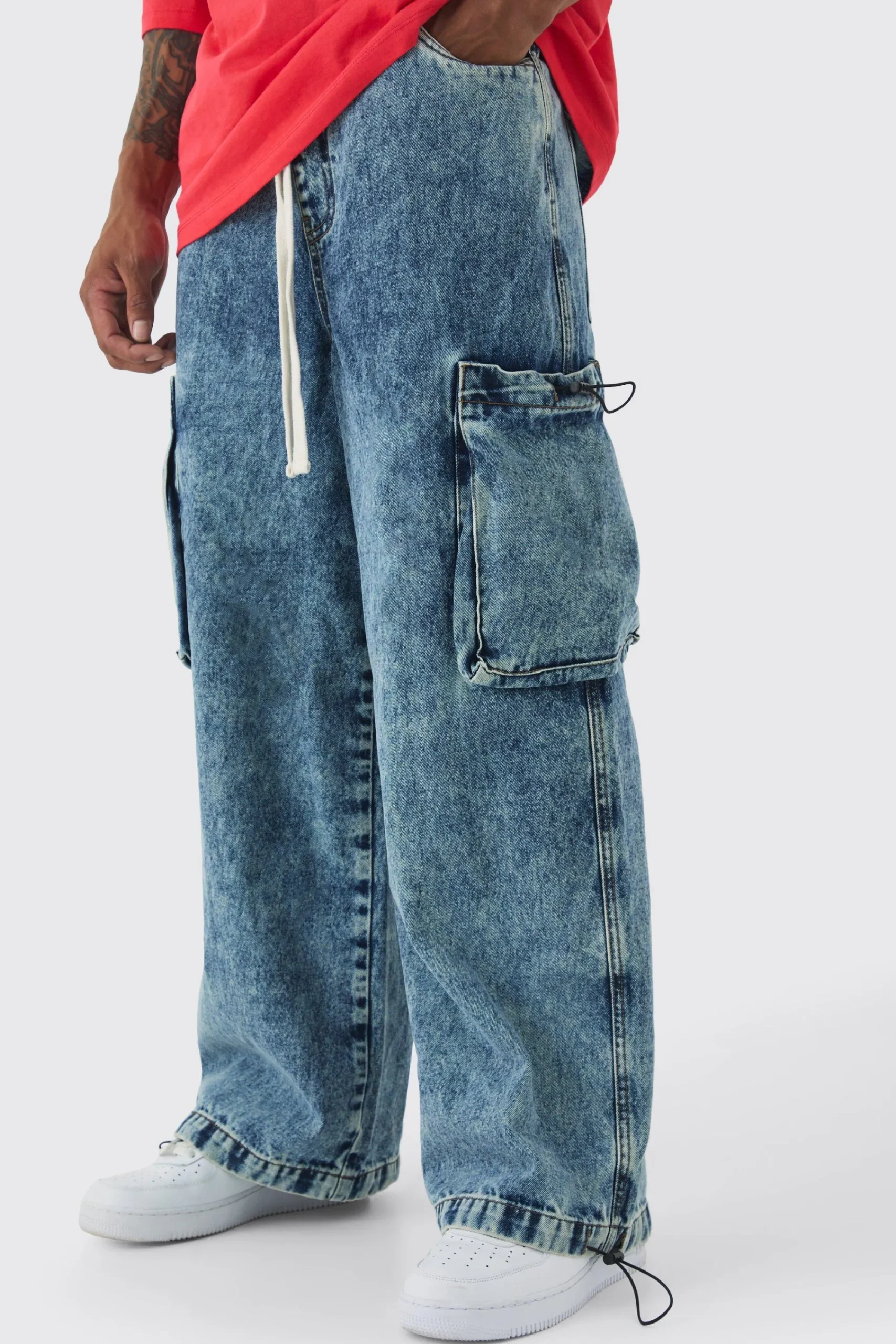 boohooMAN Elasticated Waist Parachute Acid Wash Cargo Jeans | UK| Trousers|Jeans