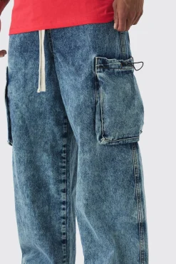 boohooMAN Elasticated Waist Parachute Acid Wash Cargo Jeans | UK| Trousers|Jeans