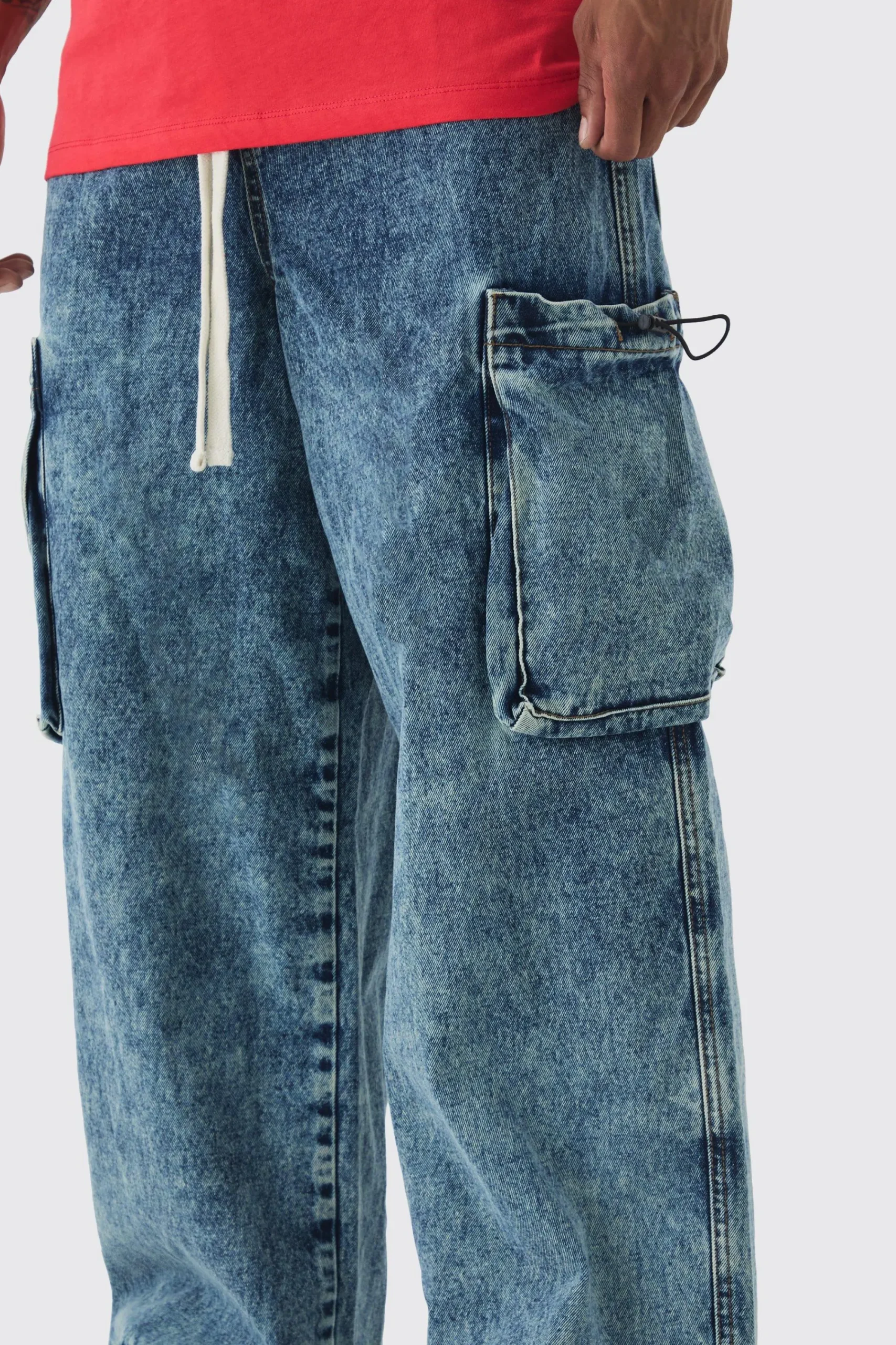 boohooMAN Elasticated Waist Parachute Acid Wash Cargo Jeans | UK| Trousers|Jeans