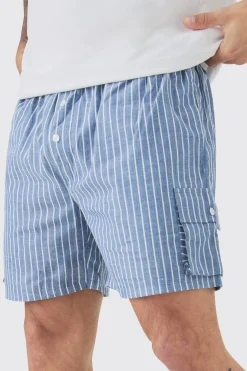 boohooMAN Elasticated Waist Pinstripe Linen Look Short In | UK| Shorts