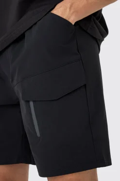 boohooMAN Elasticated Waist Relaxed Technical Stretch Cargo With Zip | UK| Shorts