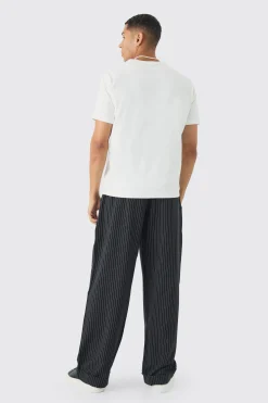 boohooMAN Elasticated Waist Relaxed Pinstripe Turn Up Hem Trousers | UK| Trousers
