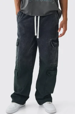 boohooMAN Elasticated Waist Relaxed Rigid Ombre Cargo Denim Jeans | UK| Trousers|Jeans